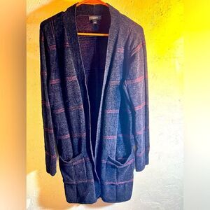 ALFANI holiday sweater jacket-black w/ merlot plaid and bits of metallic